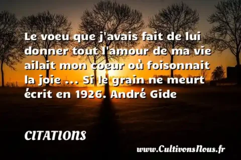 Le voeu que j avais fait de lui donner tout l amour de ma vie ailait mon coeur où foisonnait la joie ... Si le grain ne meurt écrit en 1926. André Gide CITATIONS