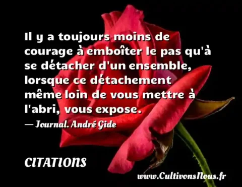 Il y a toujours moins de courage à emboîter le pas qu à se détacher d un ensemble, lorsque ce détachement même loin de vous mettre à l abri, vous expose. - Journal. André Gide CITATIONS