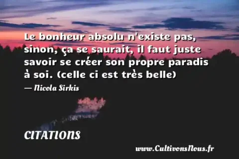 Le bonheur absolu n existe pas, sinon, ça se saurait, il faut juste savoir se créer son propre paradis à soi. (celle ci est très belle) - Nicola Sirkis CITATIONS