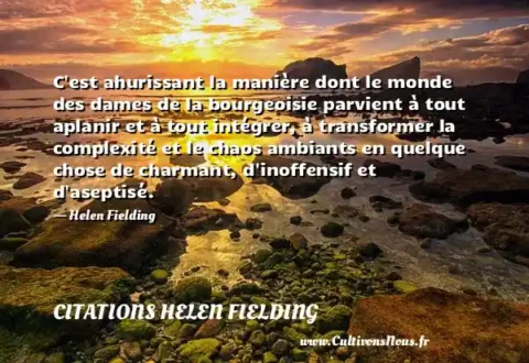 C est ahurissant la manière dont le monde des dames de la bourgeoisie parvient à tout aplanir et à tout intégrer, à transformer la complexité et le chaos ambiants en quelque chose de charmant, d inoffensif et d aseptisé. - Helen Fielding CITATIONS HELEN FIELDING