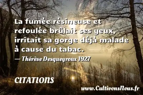 La fumée résineuse et refoulée brûlait ses yeux, irritait sa gorge déjà malade à cause du tabac. - Thérèse Desqueyroux 1927 CITATIONS