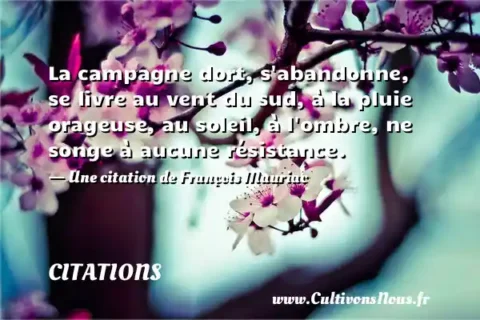 La campagne dort, s abandonne, se livre au vent du sud, à la pluie orageuse, au soleil, à l ombre, ne songe à aucune résistance. - Une citation de François Mauriac CITATIONS