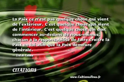 La Paix ce n est pas quelque chose qui vient de l extérieur. C est quelque chose qui vient de l intérieur. C est quelque chose qui doit commencer au-dedans de nous-mêmes; chacun a la responsabilité de faire croitre la Paix en lui afin que la Paix demeure générale. - Dalaï-Lama CITATIONS