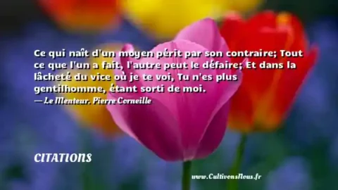Ce qui naît d un moyen périt par son contraire; Tout ce que l un a fait, l autre peut le défaire; Et dans la lâcheté du vice où je te voi, Tu n es plus gentilhomme, étant sorti de moi. - Le Menteur. Pierre Corneille CITATIONS