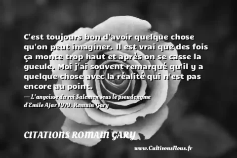 C est toujours bon d avoir quelque chose qu on peut imaginer. Il est vrai que des fois ça monte trop haut et après on se casse la gueule. Moi j ai souvent remarqué qu il y a quelque chose avec la réalité qui n est pas encore au point. - L angoisse du roi Salomon sous le pseudonyme d Emile Ajar 1979. Romain Gary CITATIONS ROMAIN GARY