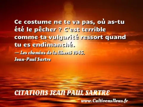 Ce costume ne te va pas, où as-tu été le pêcher ? C est terrible comme ta vulgarité ressort quand tu es endimanché. - Les chemins de la liberté 1945. Jean-Paul Sartre CITATIONS JEAN PAUL SARTRE