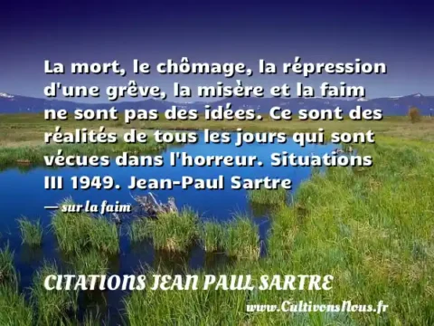 La mort, le chômage, la répression d une grêve, la misère et la faim ne sont pas des idées. Ce sont des réalités de tous les jours qui sont vécues dans l horreur. Situations III 1949. Jean-Paul Sartre - sur la faim CITATIONS JEAN PAUL SARTRE