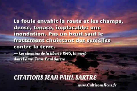 La foule envahit la route et les champs, dense, tenace, implacable: une inondation. Pas un bruit sauf le frottement chuintant des semelles contre la terre. - Les chemins de la liberté 1945, la mort dans l âme. Jean-Paul Sartre CITATIONS JEAN PAUL SARTRE