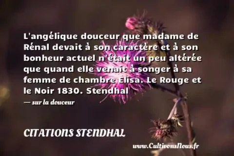 L angélique douceur que madame de Rénal devait à son caractère et à son bonheur actuel n était un peu altérée que quand elle venait à songer à sa femme de chambre Elisa. Le Rouge et le Noir 1830. Stendhal - sur la douceur CITATIONS STENDHAL