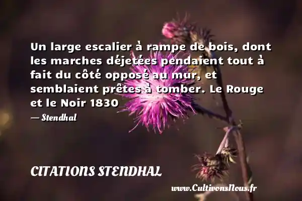 Un large escalier à rampe de bois, dont les marches déjetées pendaient tout à fait du côté opposé au mur, et semblaient prêtes à tomber. Le Rouge et le Noir 1830 - Stendhal CITATIONS STENDHAL