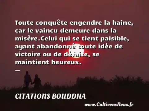 Toute conquête engendre la haine, car le vaincu demeure dans la misère.Celui qui se tient paisible, ayant abandonné toute idée de victoire ou de défaite, se maintient heureux. -   CITATIONS BOUDDHA