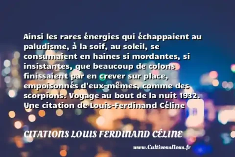 Ainsi les rares énergies qui échappaient au paludisme, à la soif, au soleil, se consumaient en haines si mordantes, si insistantes, que beaucoup de colons finissaient par en crever sur place, empoisonnés d eux-mêmes, comme des scorpions. Voyage au bout de la nuit 1932. Une citation de Louis-Ferdinand Céline CITATIONS LOUIS FERDINAND CÉLINE