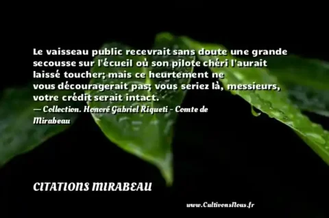 Le vaisseau public recevrait sans doute une grande secousse sur l écueil où son pilote chéri l aurait laissé toucher; mais ce heurtement ne vous découragerait pas; vous seriez là, messieurs, votre crédit serait intact. - Collection. Honoré Gabriel Riqueti - Comte de Mirabeau CITATIONS MIRABEAU
