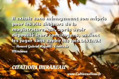 Il exhale sans ménagement son mépris pour les vils singeurs de la magistrature, qui, après avoir dépouillé leurs concitoyens, osaient les juger sans savoir les lois LAVEAUX - Honoré Gabriel Riqueti - Comte de Mirabeau CITATIONS MIRABEAU