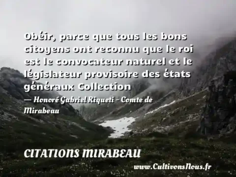 Obéir, parce que tous les bons citoyens ont reconnu que le roi est le convocateur naturel et le législateur provisoire des états généraux Collection - Honoré Gabriel Riqueti - Comte de Mirabeau CITATIONS MIRABEAU