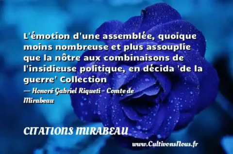 L émotion d une assemblée, quoique moins nombreuse et plus assouplie que la nôtre aux combinaisons de l insidieuse politique, en décida  de la guerre  Collection - Honoré Gabriel Riqueti - Comte de Mirabeau CITATIONS MIRABEAU
