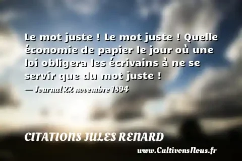 Le mot juste ! Le mot juste ! Quelle économie de papier le jour où une loi obligera les écrivains à ne se servir que du mot juste ! - Journal 22 novembre 1894 CITATIONS JULES RENARD