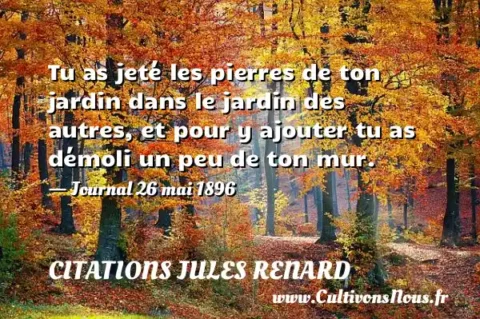 Tu as jeté les pierres de ton jardin dans le jardin des autres, et pour y ajouter tu as démoli un peu de ton mur. - Journal 26 mai 1896 CITATIONS JULES RENARD