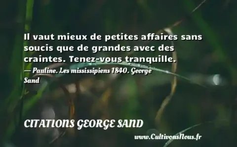 Il vaut mieux de petites affaires sans soucis que de grandes avec des craintes. Tenez-vous tranquille. - Pauline. Les mississipiens 1840. George Sand CITATIONS GEORGE SAND