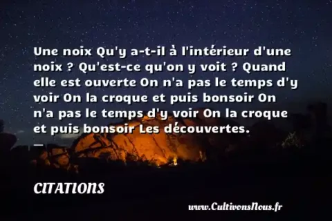 Une noix Qu y a-t-il à l intérieur d une noix ? Qu est-ce qu on y voit ? Quand elle est ouverte On n a pas le temps d y voir On la croque et puis bonsoir On n a pas le temps d y voir On la croque et puis bonsoir Les découvertes. -   CITATIONS