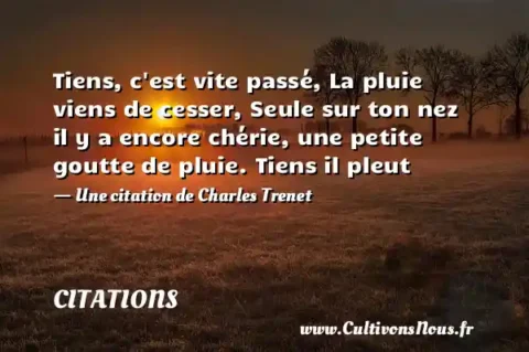 Tiens, c est vite passé, La pluie viens de cesser, Seule sur ton nez il y a encore chérie, une petite goutte de pluie. Tiens il pleut - Une citation de Charles Trenet CITATIONS