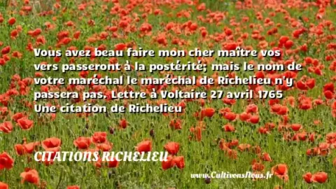 Vous avez beau faire mon cher maître vos vers passeront à la postérité; mais le nom de votre maréchal le maréchal de Richelieu n y passera pas. Lettre à Voltaire 27 avril 1765 Une citation de Richelieu   CITATIONS RICHELIEU