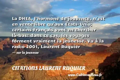 La DHEA, l hormone de jouvence, n est en vente libre qu aux Etats-Unis; certains Français vont en chercher là-bas: dans ce cas, les voyages forment vraiment la jeunesse. Vu à la radio 2001, Laurent Ruquier - sur la jeunesse CITATIONS LAURENT RUQUIER