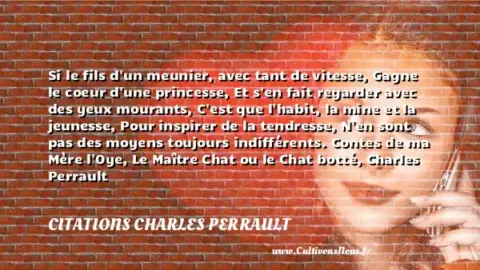 Si le fils d un meunier, avec tant de vitesse, Gagne le coeur d une princesse, Et s en fait regarder avec des yeux mourants, C est que l habit, la mine et la jeunesse, Pour inspirer de la tendresse, N en sont pas des moyens toujours indifférents. Contes de ma Mère l Oye, Le Maître Chat ou le Chat botté, Charles Perrault - sur la jeunesse CITATIONS CHARLES PERRAULT