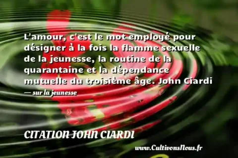 L amour, c est le mot employé pour désigner à la fois la flamme sexuelle de la jeunesse, la routine de la quarantaine et la dépendance mutuelle du troisième âge. John Ciardi - sur la jeunesse CITATION JOHN CIARDI
