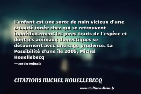 L enfant est une sorte de nain vicieux d une cruauté innée chez qui se retrouvent immédiatement les pires traits de l espèce et dont les animaux domestiques se détournent avec une sage prudence. La Possibilité d une île 2005, Michel Houellebecq - sur les enfants CITATIONS MICHEL HOUELLEBECQ