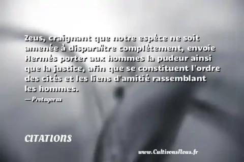 Zeus, craignant que notre espèce ne soit amenée à disparaître complètement, envoie Hermès porter aux hommes la pudeur ainsi que la justice, afin que se constituent l ordre des cités et les liens d amitié rassemblant les hommes. - Protagoras CITATIONS