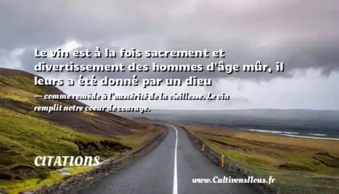 Le vin est à la fois sacrement et divertissement des hommes d âge mûr, il leurs a été donné par un dieu - comme remède à l austérité de la vieillesse. Le vin remplit notre coeur de courage. CITATIONS
