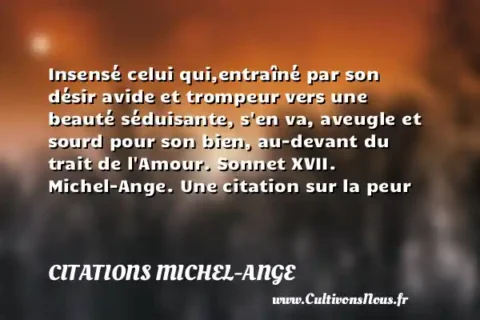 Insensé celui qui,entraîné par son désir avide et trompeur vers une beauté séduisante, s en va, aveugle et sourd pour son bien, au-devant du trait de l Amour. Sonnet XVII. Michel-Ange. Une citation sur la peur CITATIONS MICHEL-ANGE