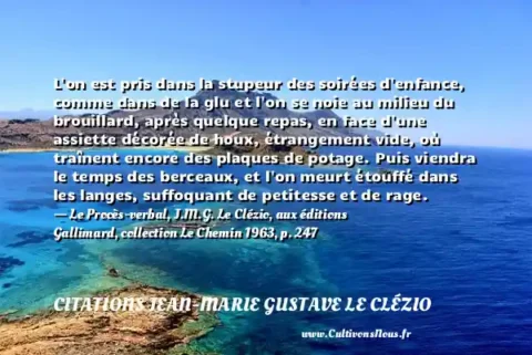 L on est pris dans la stupeur des soirées d enfance, comme dans de la glu et l on se noie au milieu du brouillard, après quelque repas, en face d une assiette décorée de houx, étrangement vide, où traînent encore des plaques de potage. Puis viendra le temps des berceaux, et l on meurt étouffé dans les langes, suffoquant de petitesse et de rage. - Le Procès-verbal, J.M.G. Le Clézio, aux éditions Gallimard, collection Le Chemin 1963, p. 247 CITATIONS JEAN-MARIE GUSTAVE LE CLÉZIO