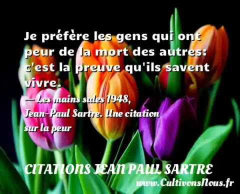 Je préfère les gens qui ont peur de la mort des autres: c est la preuve qu ils savent vivre. - Les mains sales 1948, Jean-Paul Sartre. Une citation sur la peur CITATIONS JEAN PAUL SARTRE