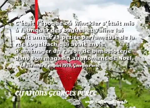 C était l époque où Winckler s était mis à fabriquer des bagues et Valine lui avait amené la petite parfumeuse de la rue Logelbach qui avait envie d aménager un rayon de bimbeloterie dans son magasin au moment de Noël. - La Vie mode d emploi 1978, Georges Perec CITATIONS GEORGES PEREC