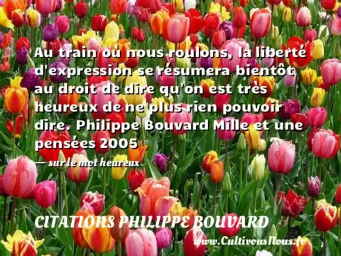 Au train où nous roulons, la liberté d expression se résumera bientôt au droit de dire qu on est très heureux de ne plus rien pouvoir dire. Philippe Bouvard Mille et une pensées 2005   - sur le mot heureux CITATIONS PHILIPPE BOUVARD