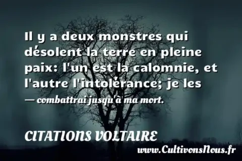 Il y a deux monstres qui désolent la terre en pleine paix: l un est la calomnie, et l autre l intolérance; je les - combattrai jusqu à ma mort. CITATIONS VOLTAIRE