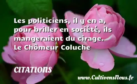 Les politiciens, il y en a, pour briller en société, ils mangeraient du cirage.        Le Chômeur Coluche CITATIONS