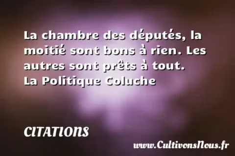 La chambre des députés, la moitié sont bons à rien. Les autres sont prêts à tout.      La Politique Coluche CITATIONS
