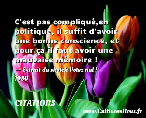 C est pas compliqué,en politique, il suffit d avoir une bonne conscience, et pour ça il faut avoir une mauvaise mémoire ! - Extrait du sketch Votez nul !  1980 CITATIONS
