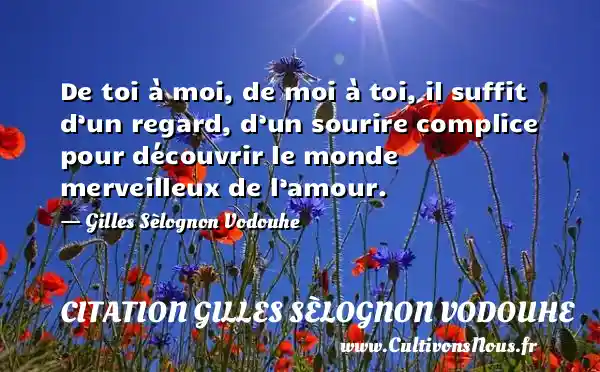 De toi à moi, de moi à toi, il suffit d’un regard, d’un sourire complice pour découvrir le monde merveilleux de l’amour. - Gilles Sèlognon Vodouhe CITATION GILLES SÈLOGNON VODOUHE