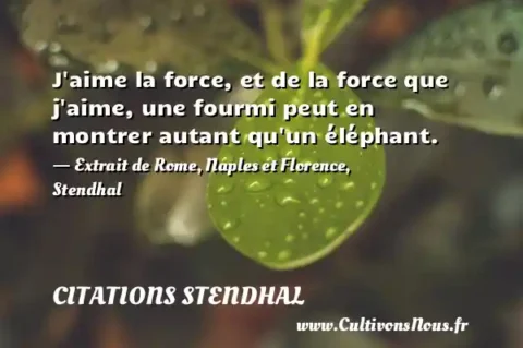 J aime la force, et de la force que j aime, une fourmi peut en montrer autant qu un éléphant. - Extrait de Rome, Naples et Florence, Stendhal CITATIONS STENDHAL