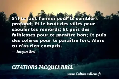 S il te faut l ennui pour te sembler profond; Et le bruit des villes pour saouler tes remords; Et puis des faiblesses pour te paraître bon; Et puis des colères pour te paraître fort; Alors tu n as rien compris. - Jacques Brel CITATIONS JACQUES BREL