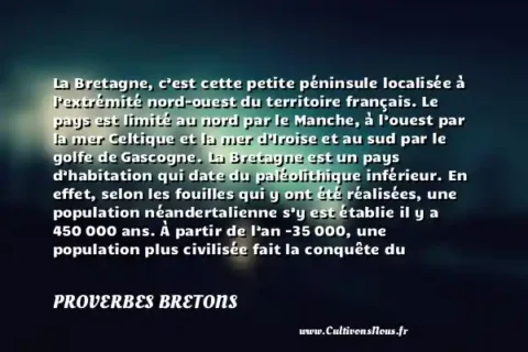 La Bretagne, c’est cette petite péninsule localisée à l’extrémité nord-ouest du territoire français. Le pays est limité au nord par le Manche, à l’ouest par la mer Celtique et la mer d’Iroise et au sud par le golfe de Gascogne. La Bretagne est un pays d’habitation qui date du paléolithique inférieur. En effet, selon les fouilles qui y ont été réalisées, une population néandertalienne s’y est établie il y a 450 000 ans. À partir de l’an -35 000, une population plus civilisée fait la conquête du territoire en mettant un terme à l’ère néandertalien. Avec une population aussi ancienne, le pays ne pourrait que regorger de richesses culturelles diversifiées. - Le drapeau de la Bretagne PROVERBES BRETONS