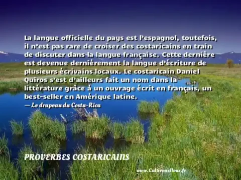 La langue officielle du pays est l’espagnol, toutefois, il n’est pas rare de croiser des costaricains en train de discuter dans la langue française. Cette dernière est devenue dernièrement la langue d’écriture de plusieurs écrivains locaux. Le costaricain Daniel Quiros s’est d’ailleurs fait un nom dans la littérature grâce à un ouvrage écrit en français, un best-seller en Amérique latine. - Le drapeau du Costa-Rica PROVERBES COSTARICAINS