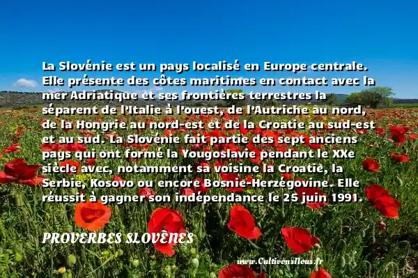 La Slovénie est un pays localisé en Europe centrale. Elle présente des côtes maritimes en contact avec la mer Adriatique et ses frontières terrestres la séparent de l’Italie à l’ouest, de l’Autriche au nord, de la Hongrie au nord-est et de la Croatie au sud-est et au sud. La Slovénie fait partie des sept anciens pays qui ont formé la Yougoslavie pendant le XXe siècle avec, notamment sa voisine la Croatie, la Serbie, Kosovo ou encore Bosnie-Herzégovine. Elle réussit à gagner son indépendance le 25 juin 1991. Le territoire est dominé par de longues chaînes de montagnes qui lui permettent d’être surnommé quelquefois la Suisse des Balkans ou la Suisse d’Europe du sud. Il s’étend sur un petit territoire de 20 273 km2 en comptant une grande population de plus de deux millions en 2015.Les habitants de la Slovénie parlent officiellement le slovène. Cependant, d’autres langues comme le hongrois et l’italien bénéficient d’une utilisation officielle par la population se trouvant en contact avec la Hongrie et l’Italie. - Le drapeau de la Slovénie PROVERBES SLOVÈNES