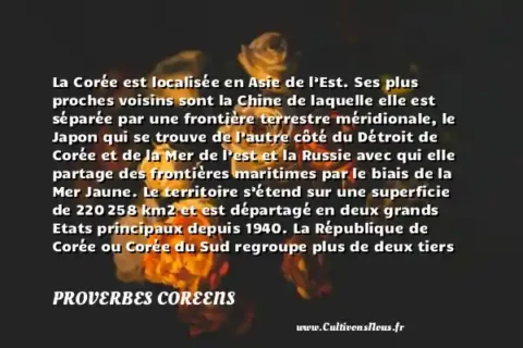 La Corée est localisée en Asie de l’Est. Ses plus proches voisins sont la Chine de laquelle elle est séparée par une frontière terrestre méridionale, le Japon qui se trouve de l’autre côté du Détroit de Corée et de la Mer de l’est et la Russie avec qui elle partage des frontières maritimes par le biais de la Mer Jaune. Le territoire s’étend sur une superficie de 220 258 km2 et est départagé en deux grands Etats principaux depuis 1940. La République de Corée ou Corée du Sud regroupe plus de deux tiers de la population totale de la région, répartis sur 45% de l’ensemble de sa superficie. La République populaire démocratique de Corée ou Corée du Nord s’étend sur le reste du territoire coréen. Les deux Corées sont en conflit depuis plusieurs années. De grandes guerres ont même eu lieu entre les deux régions entre 1950 et 1953. Cependant, elles partagent encore plusieurs caractéristiques culturelles dont le coréen qui est parlé officiellement sur les deux territoires, ou encore l’alphabet hangeul qui est celui utilisé pour écrire cette même langue. - En ce qui concerne la littérature de la Corée, elle est longtemps écrite en chinois jusqu’à l’apparition du hangeul en 1443. La Corée compte plusieurs auteurs célèbres dont Pak Chi-won, Han Yong-un, Yi Sang, Kim Yu-jong ou encore Lee Je-ha. PROVERBES COREENS