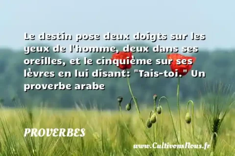 Le destin pose deux doigts sur les yeux de l homme, deux dans ses oreilles, et le cinquième sur ses lèvres en lui disant:  Tais-toi.  Un proverbe arabe PROVERBES