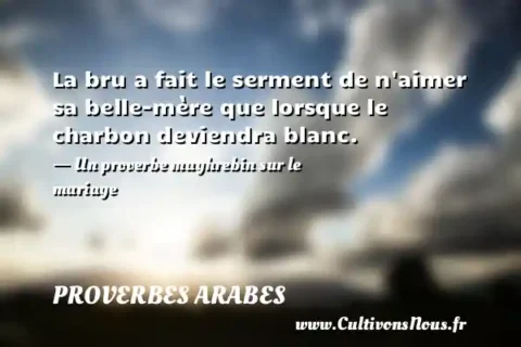 La bru a fait le serment de n aimer sa belle-mère que lorsque le charbon deviendra blanc. - Un proverbe maghrebin sur le mariage  PROVERBES ARABES